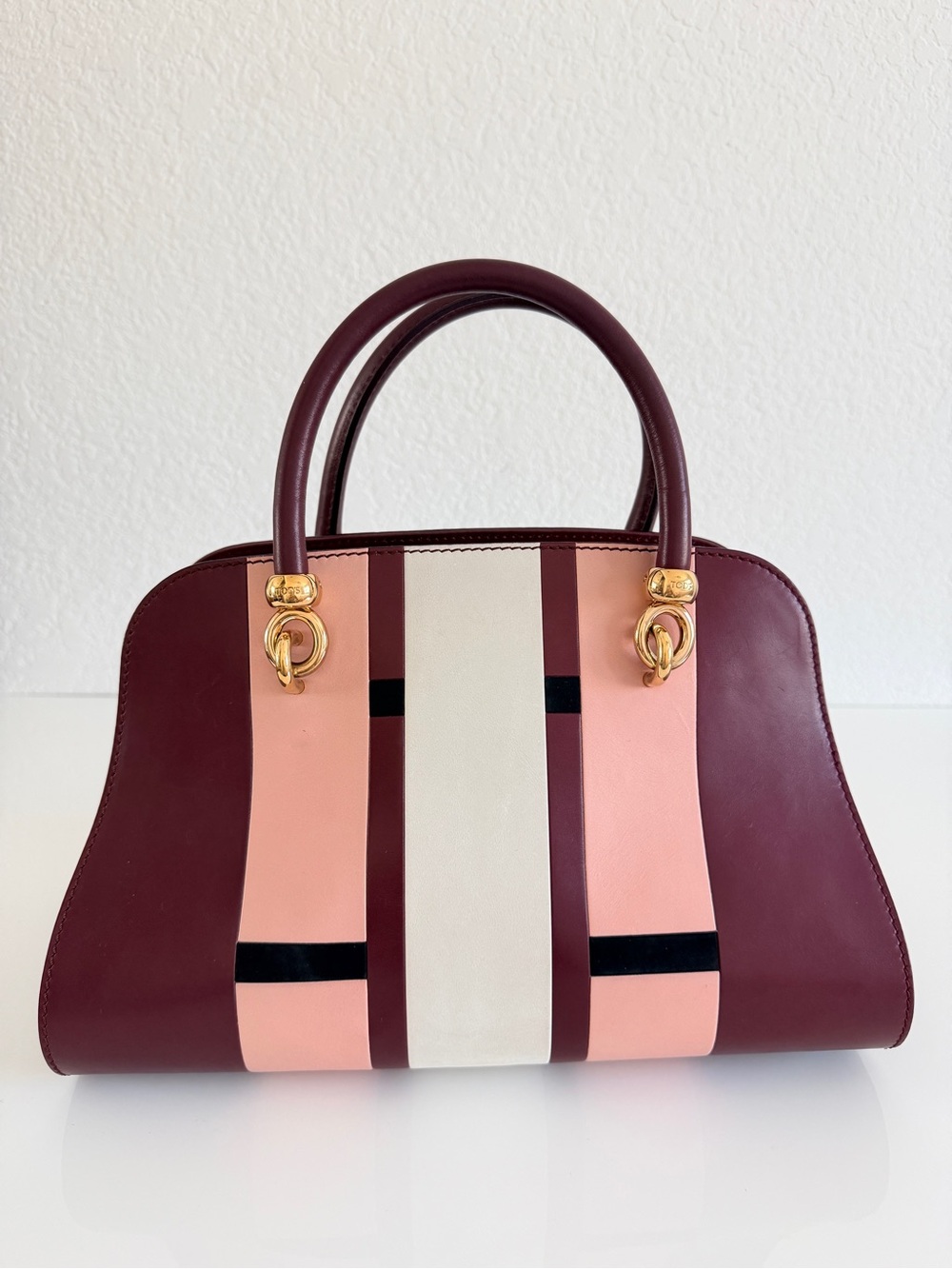 Tod's Pink and Burgundy Leather Stripe Satchel - Picture 7 of 10